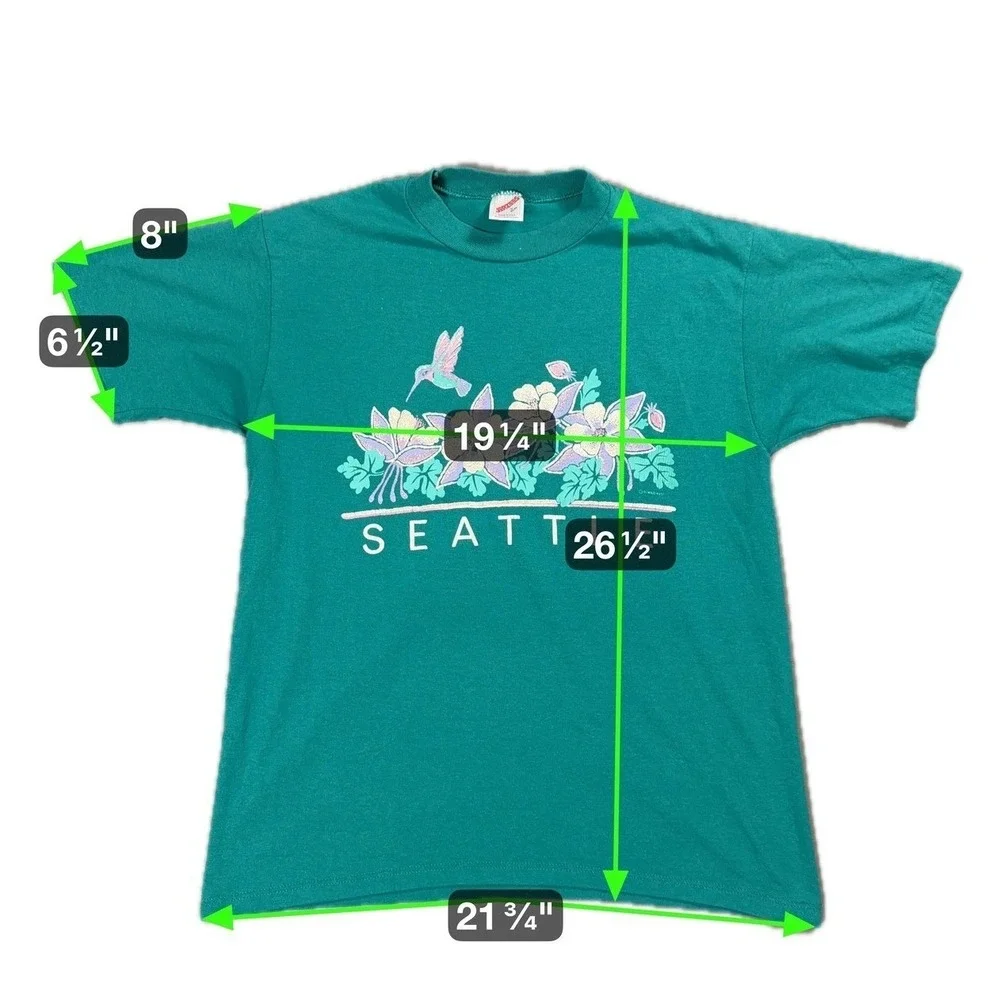 Vintage Seattle Shirt Mens Large Green Hummingbird Flowers Graphic 80s 90s - Picture 3 of 5